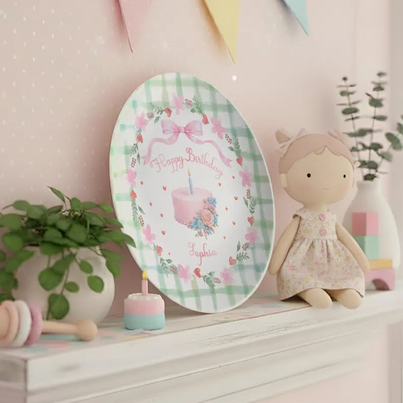 Pink Bow with Green Checkered Border Personalized Birthday Plate P13TQA0