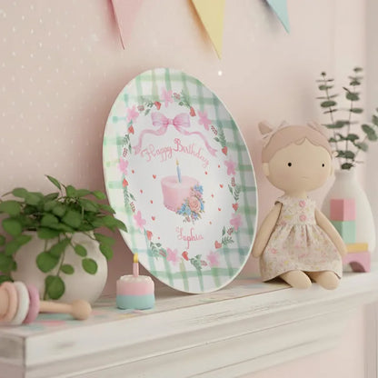 Pink Bow with Green Checkered Border Personalized Birthday Plate P13TQA0