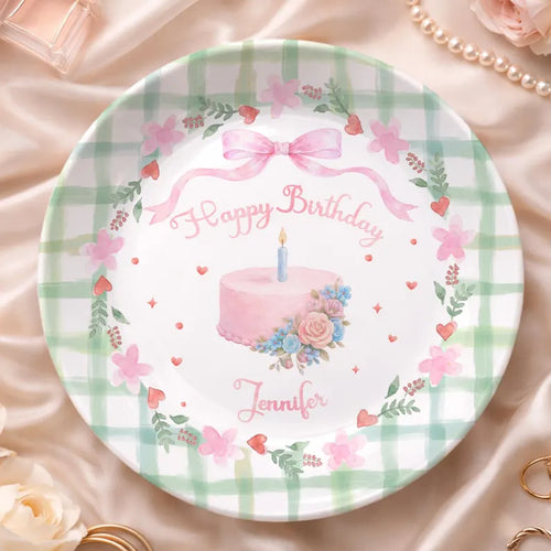 Pink Bow with Green Checkered Border Personalized Birthday Plate P13TQA0