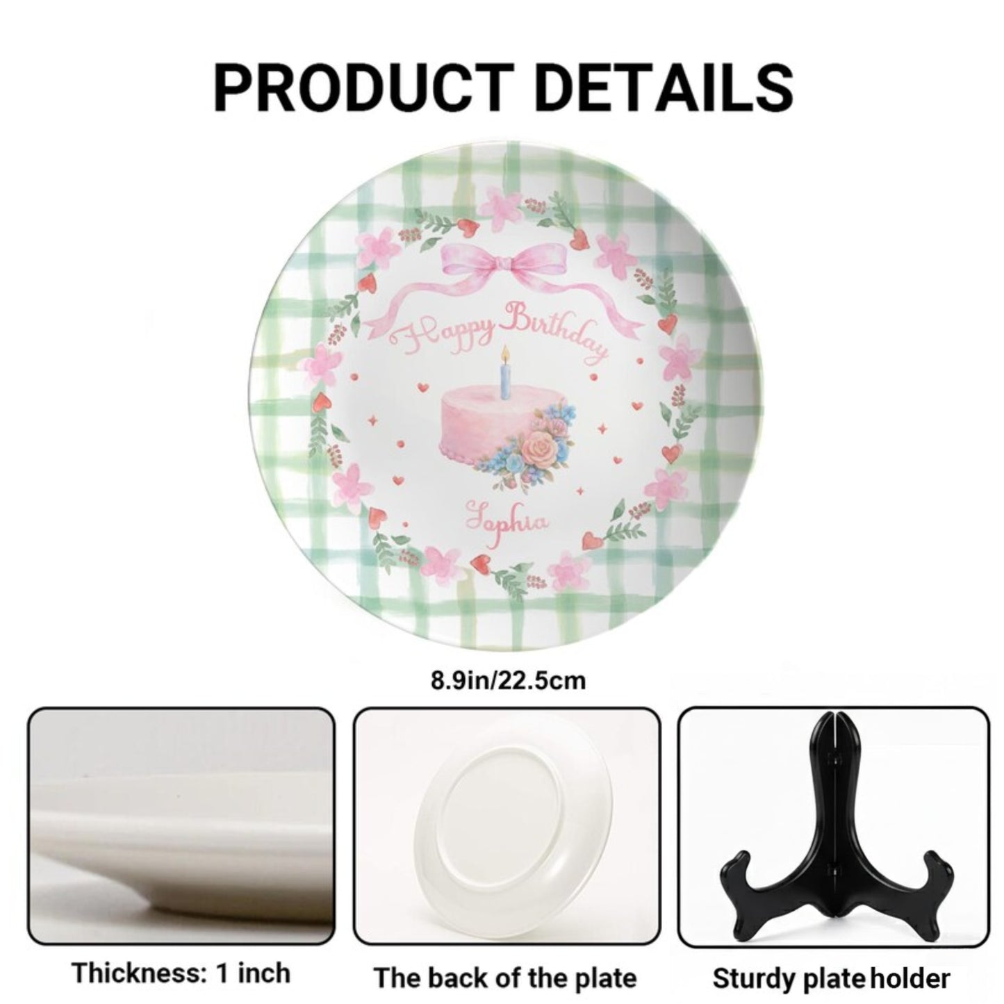 Pink Bow with Green Checkered Border Personalized Birthday Plate P13TQA0