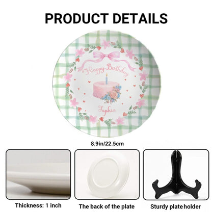 Pink Bow with Green Checkered Border Personalized Birthday Plate P13TQA0