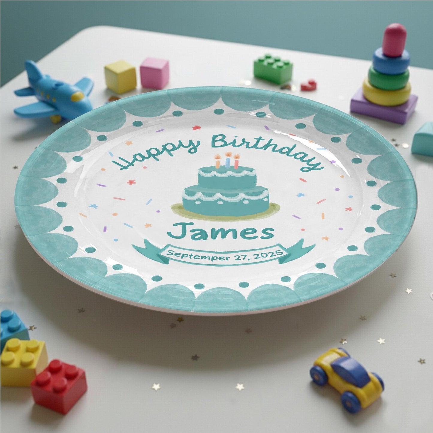 Teal Cake and Scalloped Border Personalized Birthday Plate P165FZ0