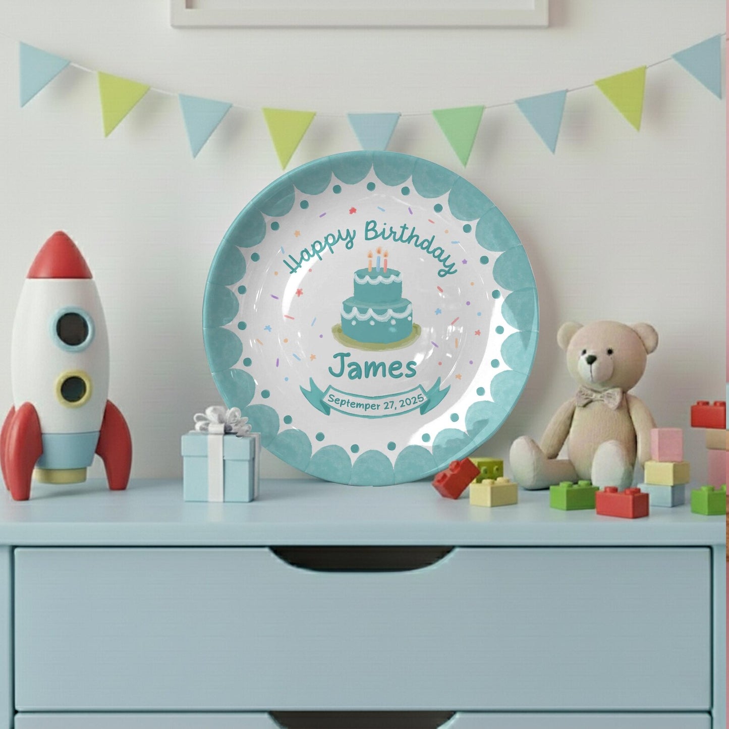 Teal Cake and Scalloped Border Personalized Birthday Plate P165FZ0