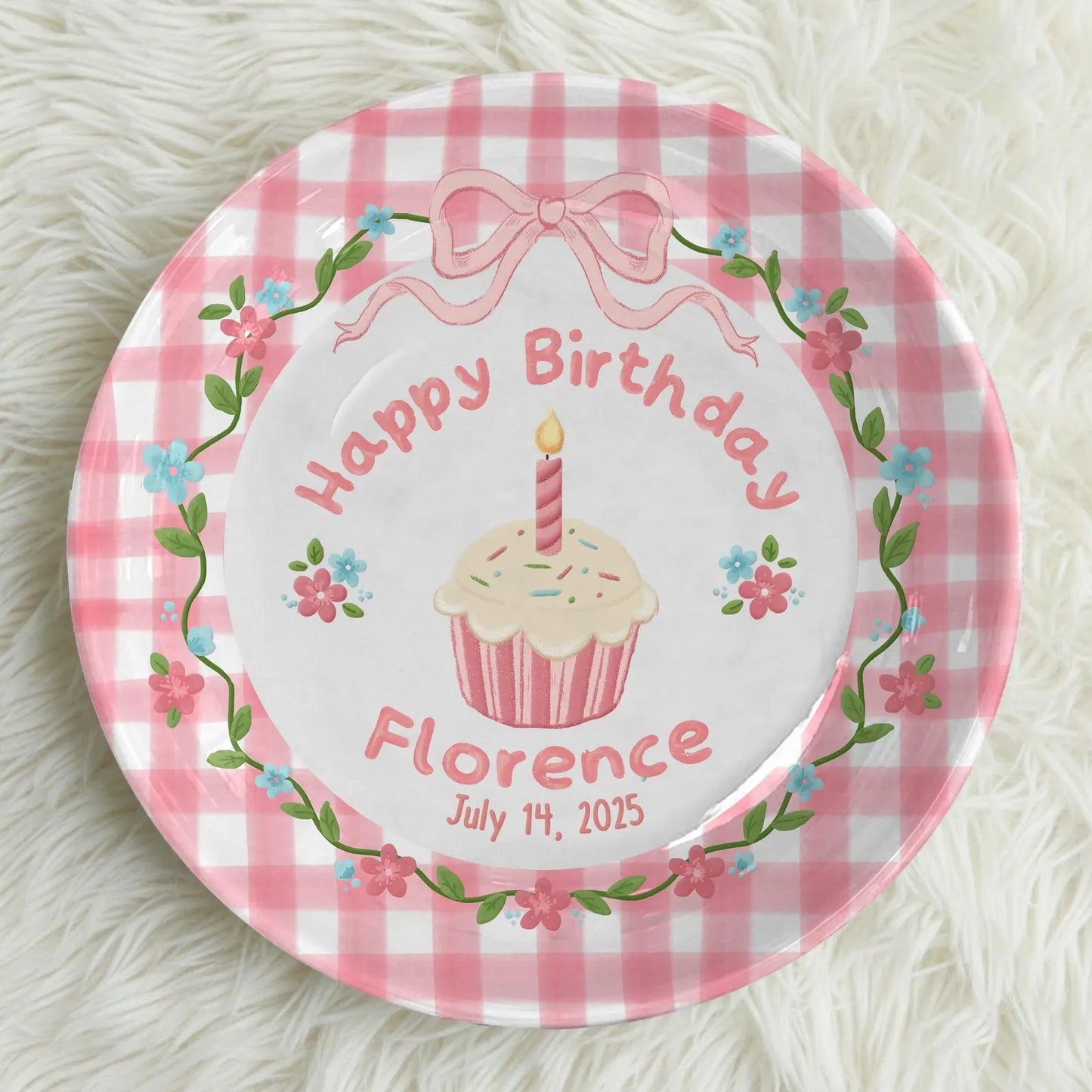 Pink Checkered Border with Cupcake and Flowers Personalized Birthday Plate P168VU0