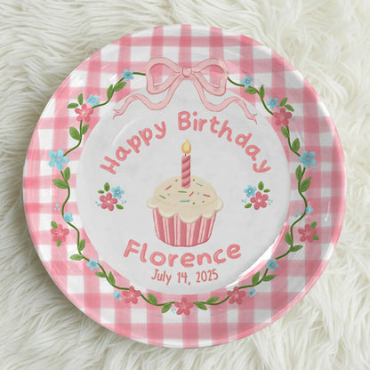 Pink Checkered Border with Cupcake and Flowers Personalized Birthday Plate P168VU0