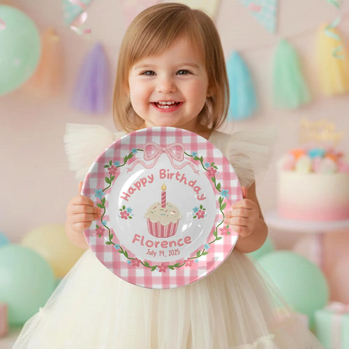 Pink Checkered Border with Cupcake and Flowers Personalized Birthday Plate P168VU0