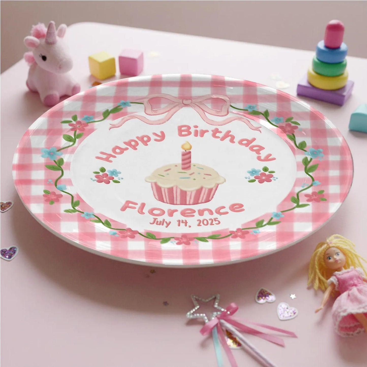 Pink Checkered Border with Cupcake and Flowers Personalized Birthday Plate P168VU0