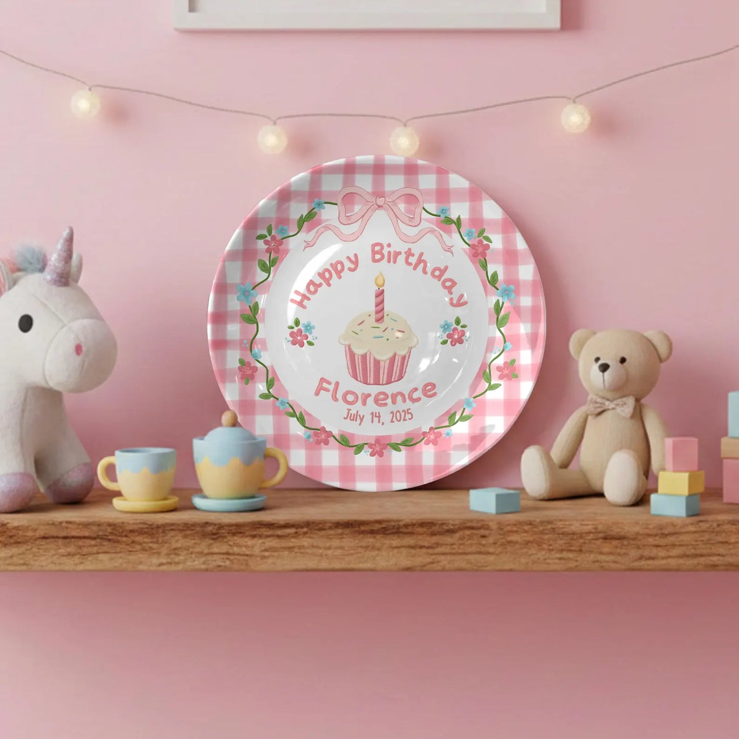 Pink Checkered Border with Cupcake and Flowers Personalized Birthday Plate P168VU0