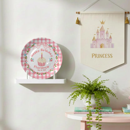 Pink Checkered Border with Cupcake and Flowers Personalized Birthday Plate P168VU0