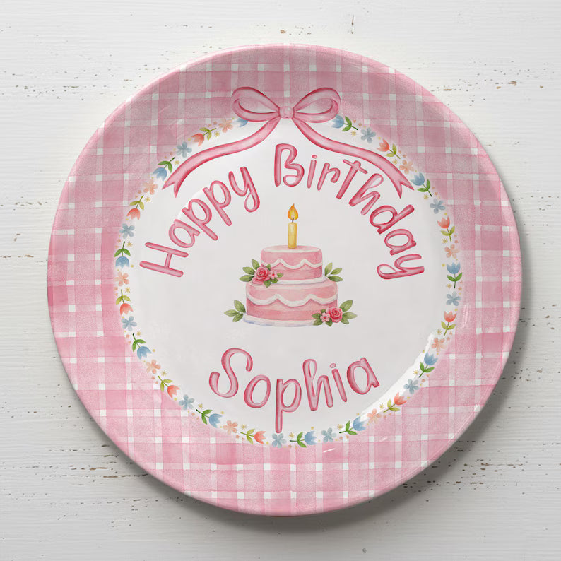 Pink Checkered and Floral Cake Personalized Birthday Plate P18IUY0