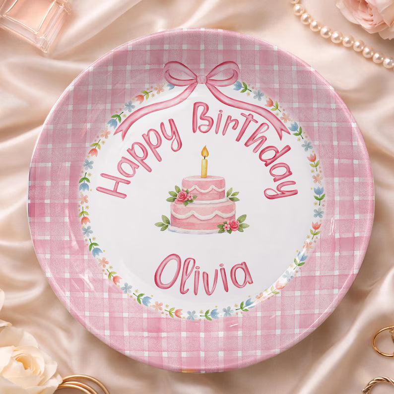 Pink Checkered and Floral Cake Personalized Birthday Plate P18IUY0