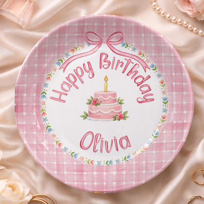 Pink Checkered and Floral Cake Personalized Birthday Plate P18IUY0