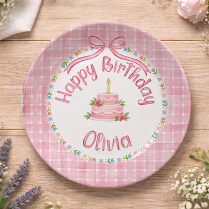 Pink Checkered and Floral Cake Personalized Birthday Plate P18IUY0