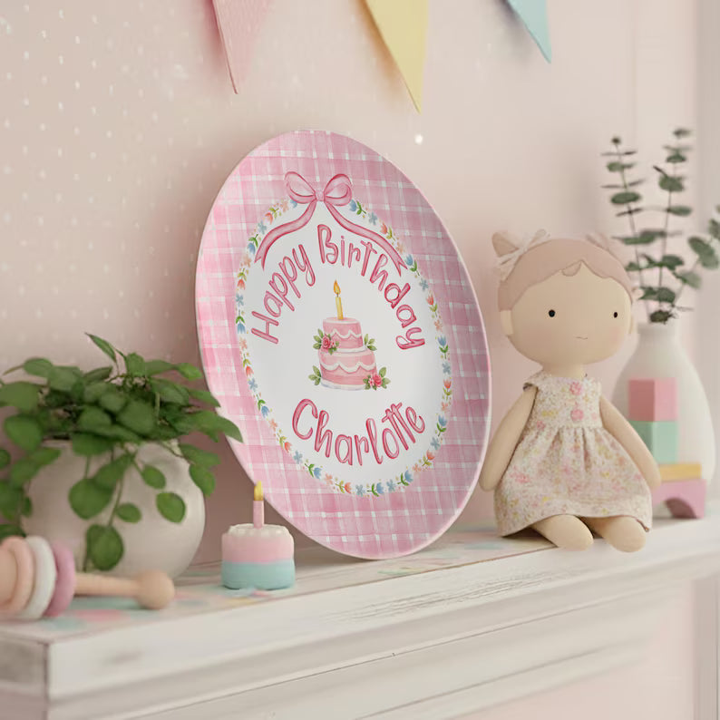 Pink Checkered and Floral Cake Personalized Birthday Plate P18IUY0