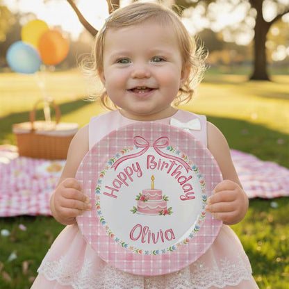 Pink Checkered and Floral Cake Personalized Birthday Plate P18IUY0
