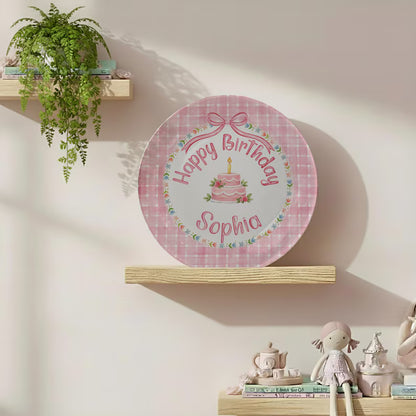 Pink Checkered and Floral Cake Personalized Birthday Plate P18IUY0