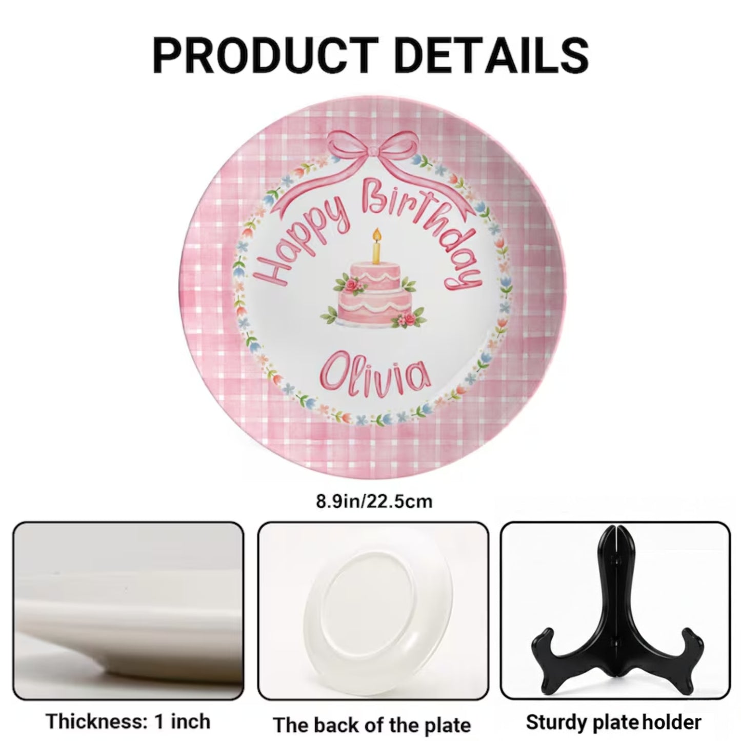 Pink Checkered and Floral Cake Personalized Birthday Plate P18IUY0