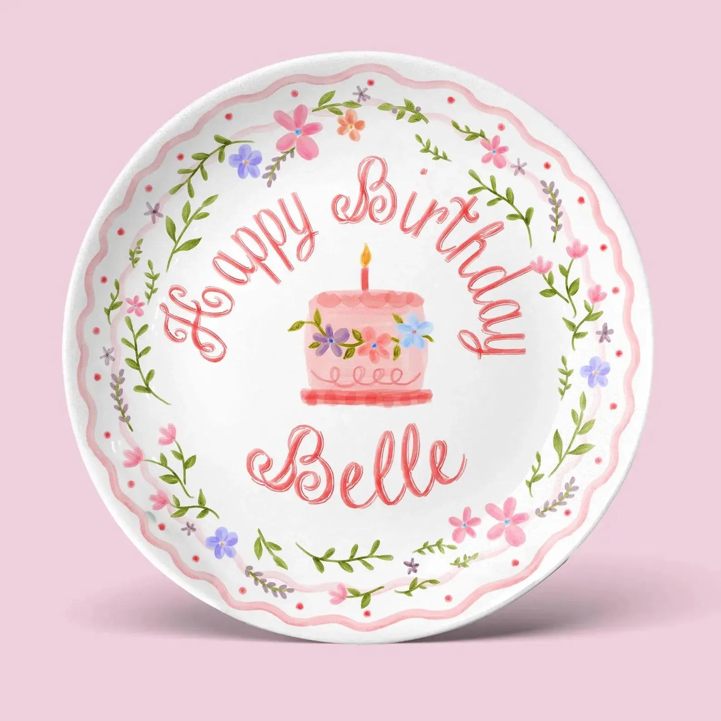 Pink Cake and Floral Wreath Personalized Birthday Plate P18Y4P0
