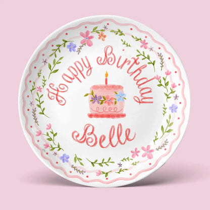 Pink Cake and Floral Wreath Personalized Birthday Plate P18Y4P0
