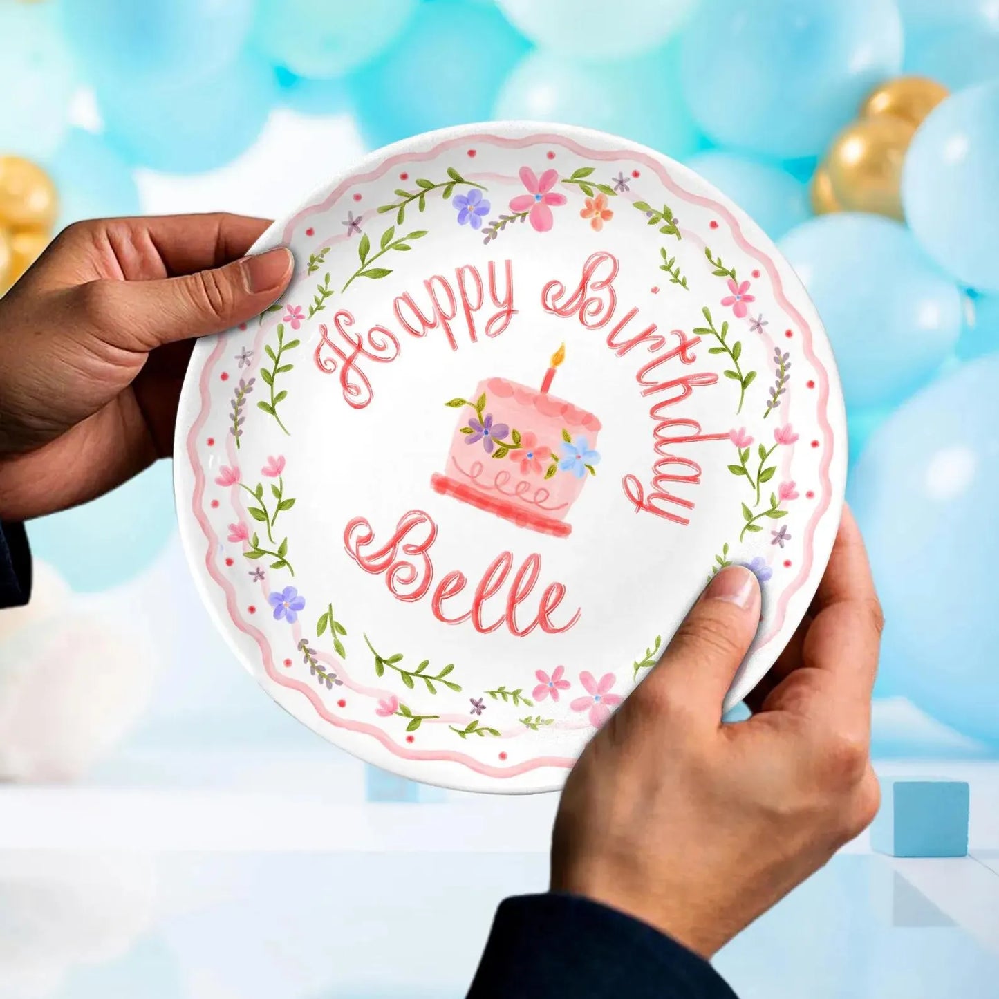 Pink Cake and Floral Wreath Personalized Birthday Plate P18Y4P0
