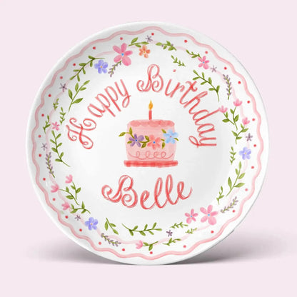 Pink Cake and Floral Wreath Personalized Birthday Plate P18Y4P0
