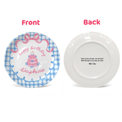 Blue Gingham Pink Bow Cake Personalized Birthday Plate P2126QF0