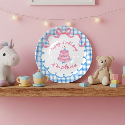Blue Gingham Pink Bow Cake Personalized Birthday Plate P2126QF0