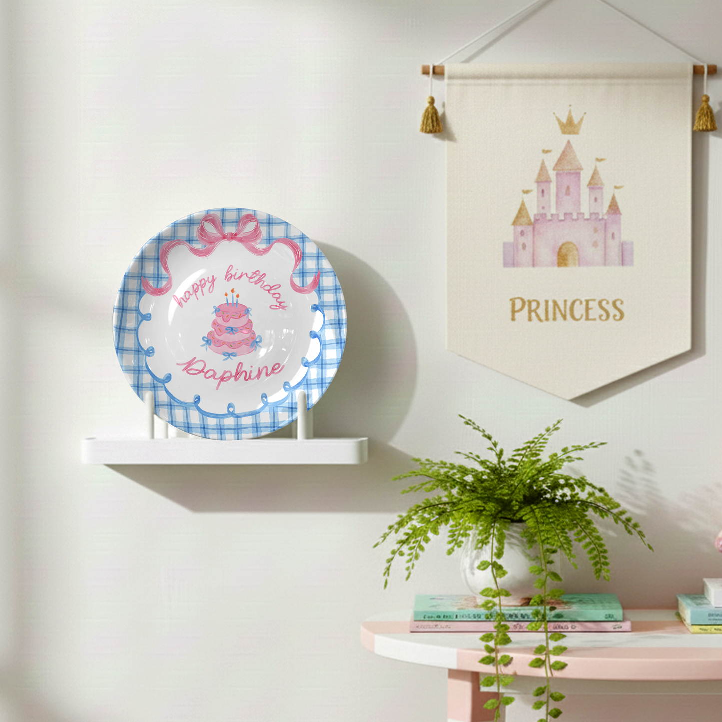 Blue Gingham Pink Bow Cake Personalized Birthday Plate P2126QF0