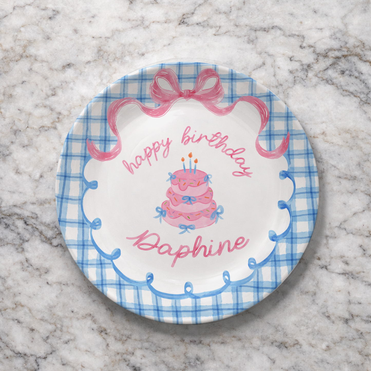 Blue Gingham Pink Bow Cake Personalized Birthday Plate P2126QF0