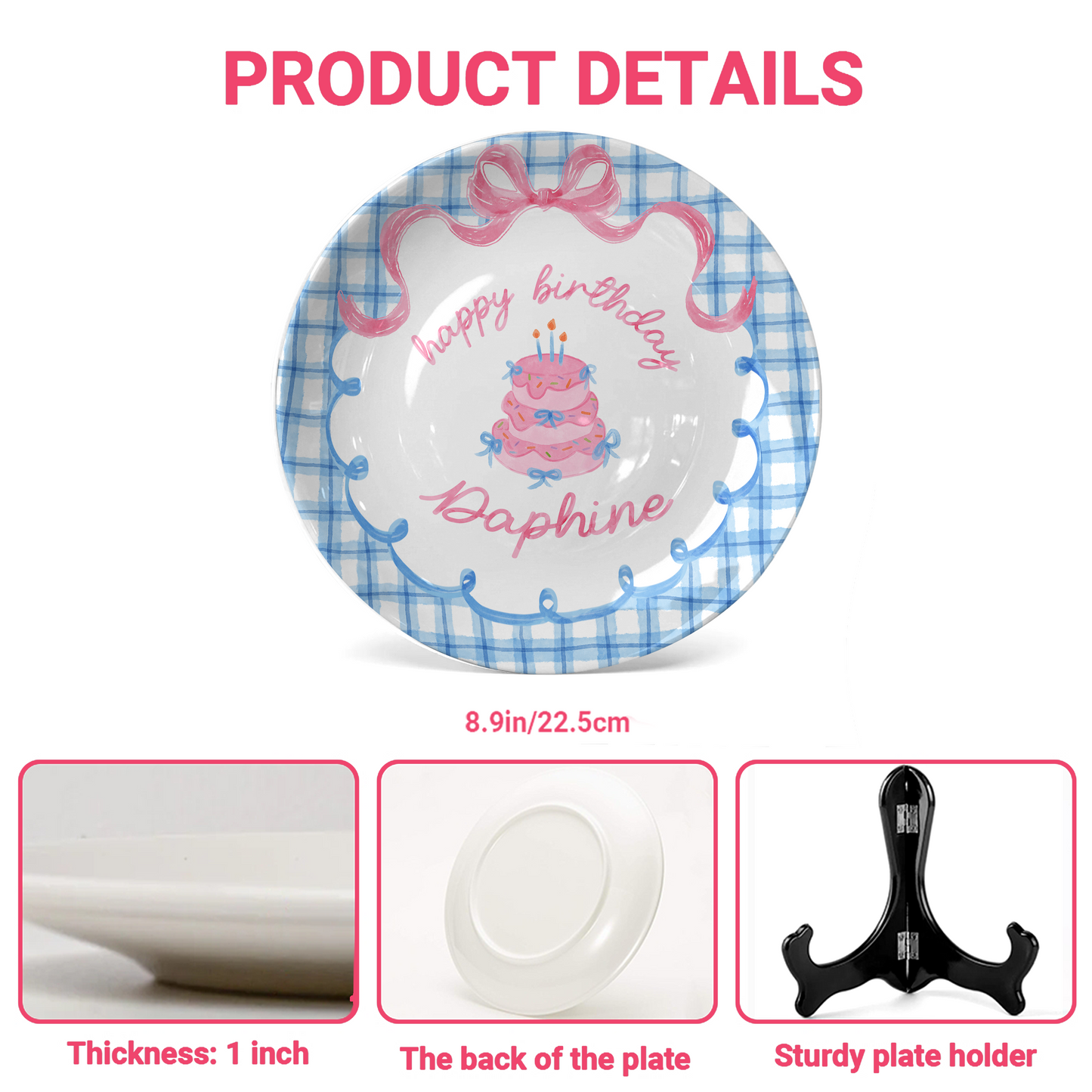 Blue Gingham Pink Bow Cake Personalized Birthday Plate P2126QF0
