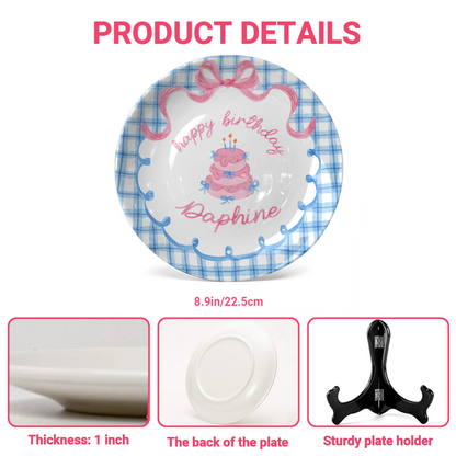 Blue Gingham Pink Bow Cake Personalized Birthday Plate P2126QF0