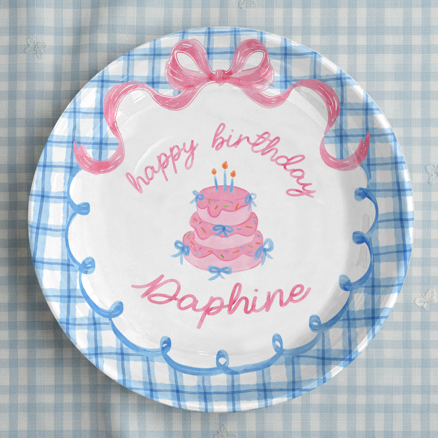 Blue Gingham Pink Bow Cake Personalized Birthday Plate P2126QF0