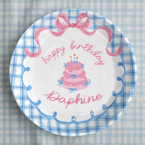 Blue Gingham Pink Bow Cake Personalized Birthday Plate P2126QF0