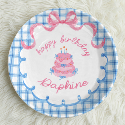 Blue Gingham Pink Bow Cake Personalized Birthday Plate P2126QF0