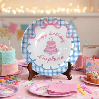 Blue Gingham Pink Bow Cake Personalized Birthday Plate P2126QF0