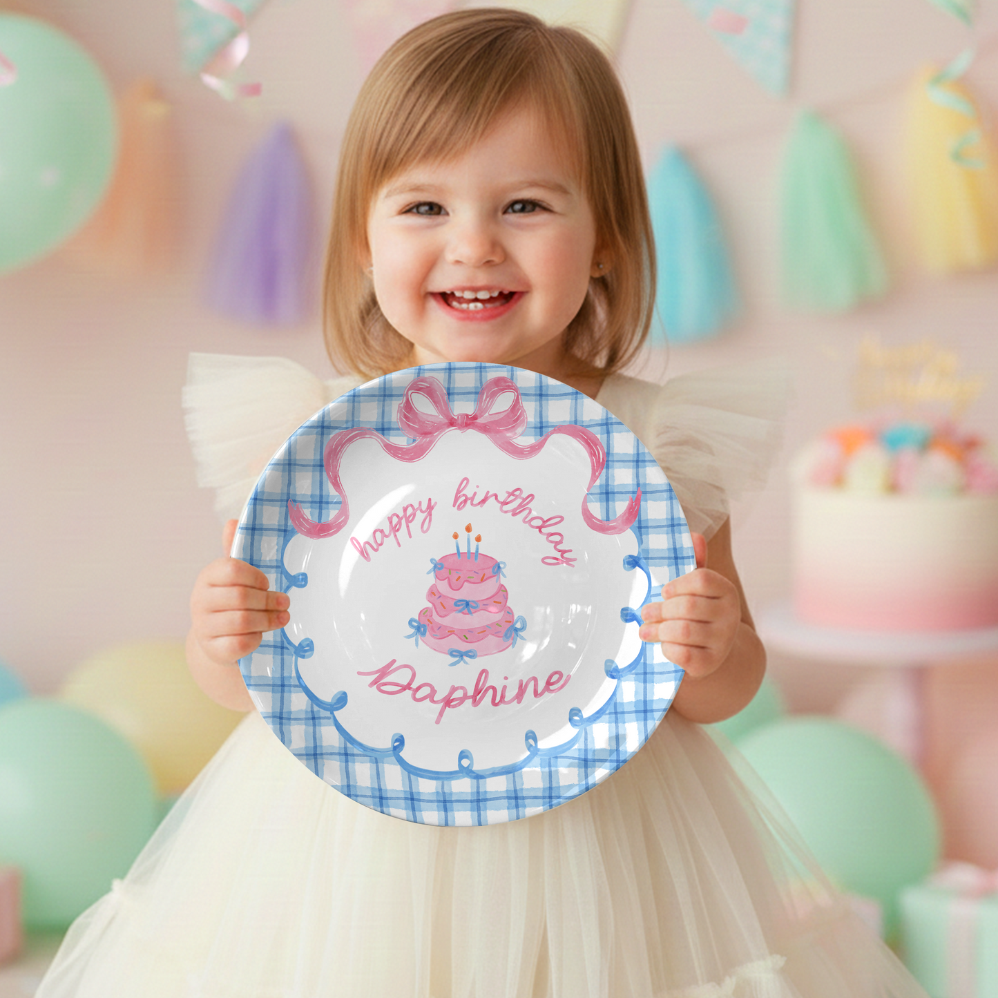 Blue Gingham Pink Bow Cake Personalized Birthday Plate P2126QF0