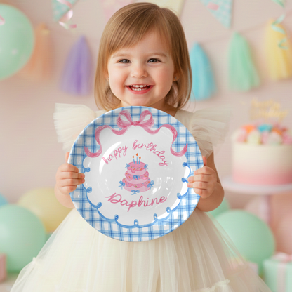 Blue Gingham Pink Bow Cake Personalized Birthday Plate P2126QF0
