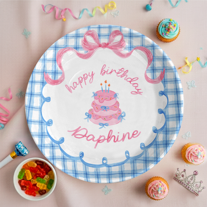 Blue Gingham Pink Bow Cake Personalized Birthday Plate P2126QF0