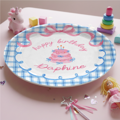 Blue Gingham Pink Bow Cake Personalized Birthday Plate P2126QF0