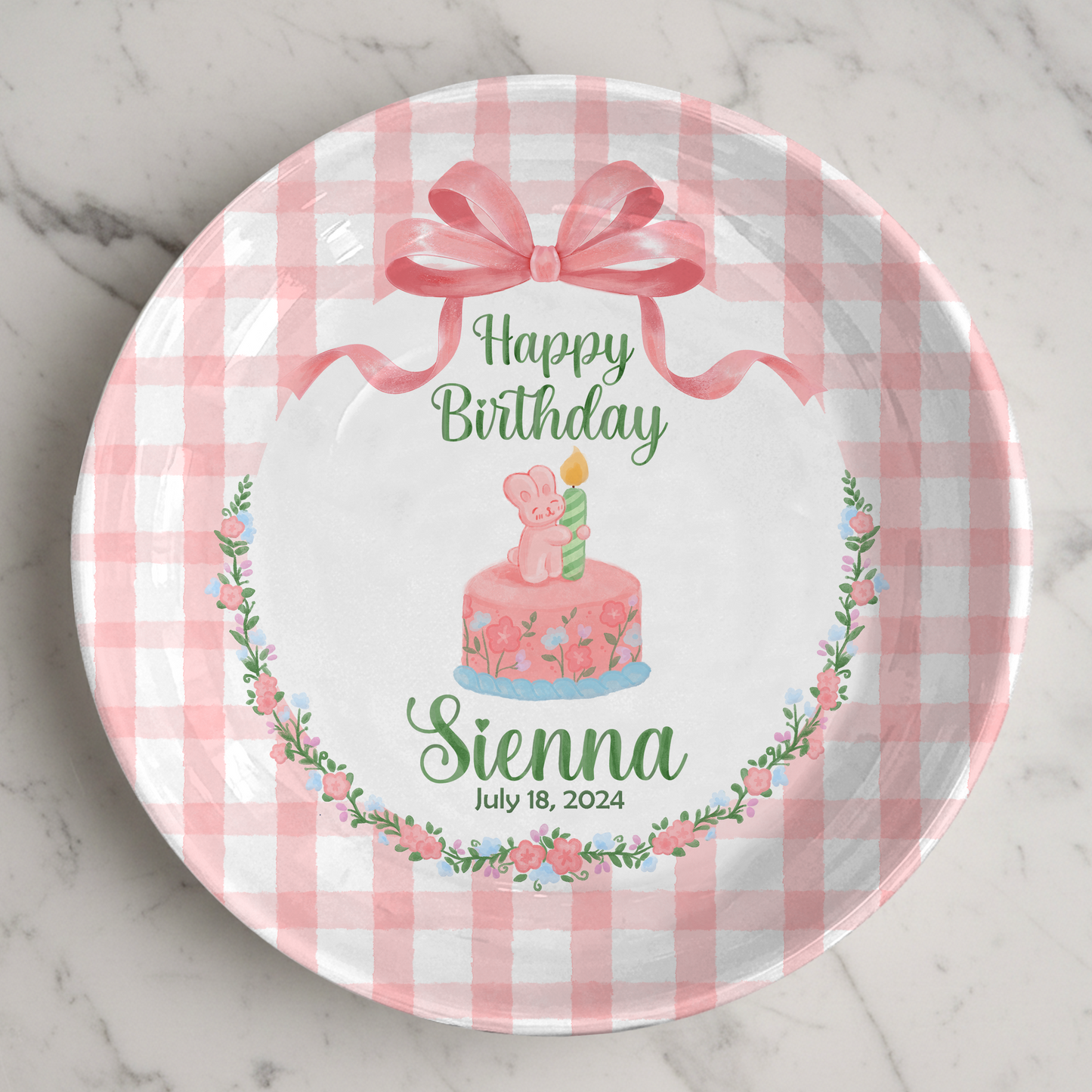 Pink Gingham Bunny Cake Personalized Birthday Plate P212CLS0