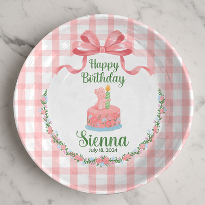 Pink Gingham Bunny Cake Personalized Birthday Plate P212CLS0