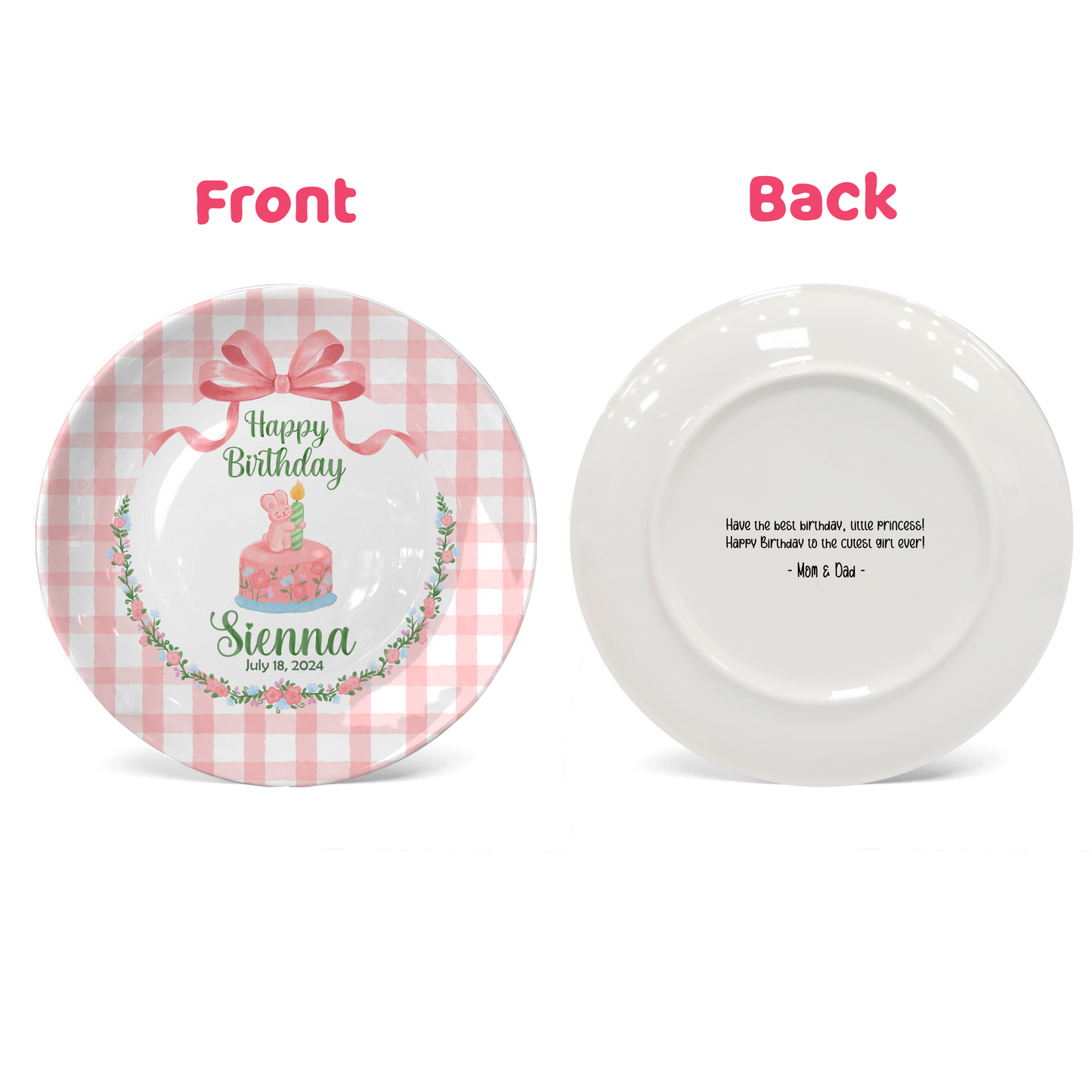Pink Gingham Bunny Cake Personalized Birthday Plate P212CLS0