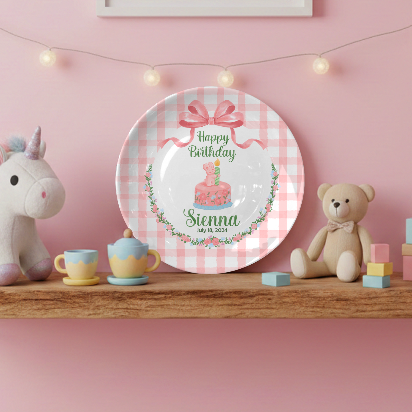 Pink Gingham Bunny Cake Personalized Birthday Plate P212CLS0