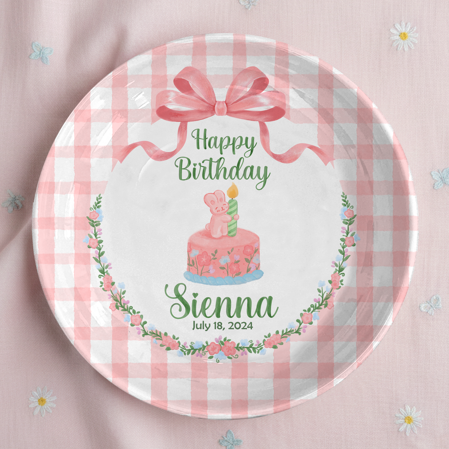 Pink Gingham Bunny Cake Personalized Birthday Plate P212CLS0