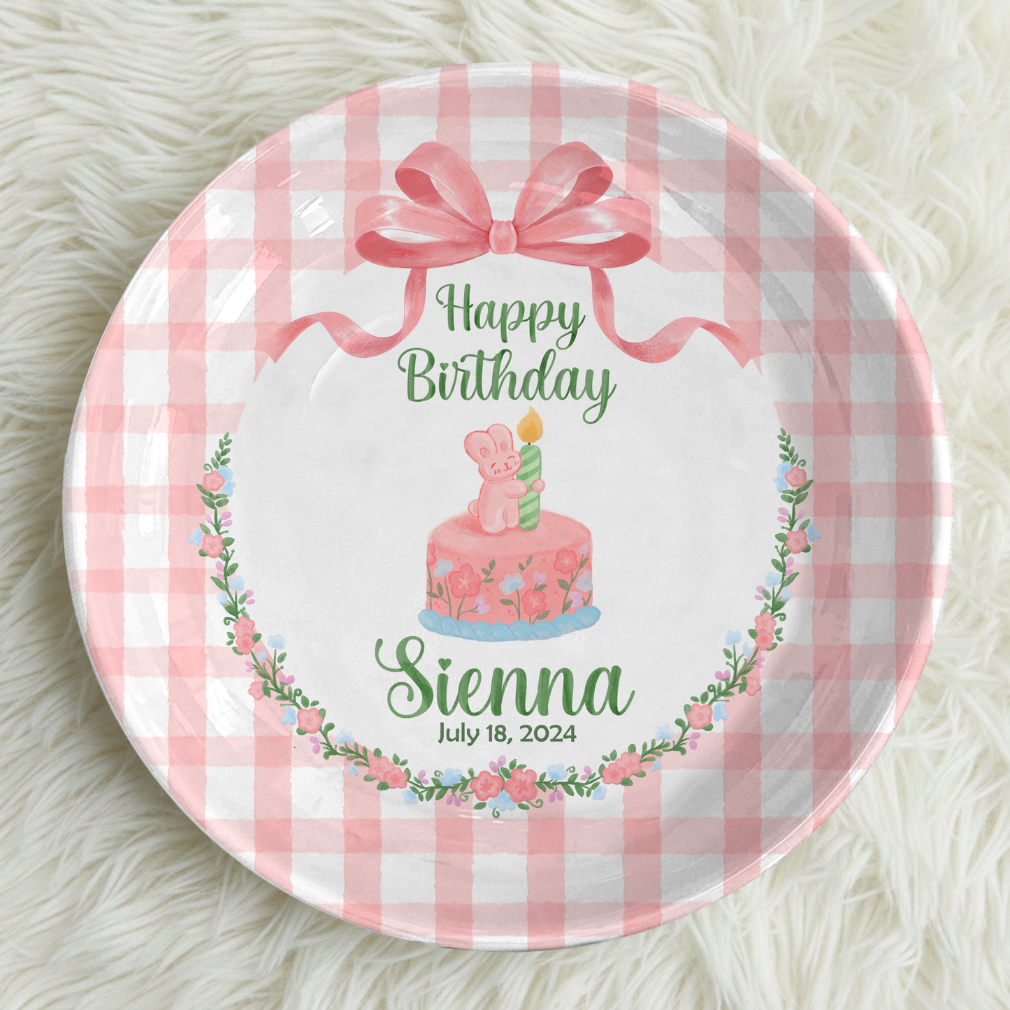 Pink Gingham Bunny Cake Personalized Birthday Plate P212CLS0