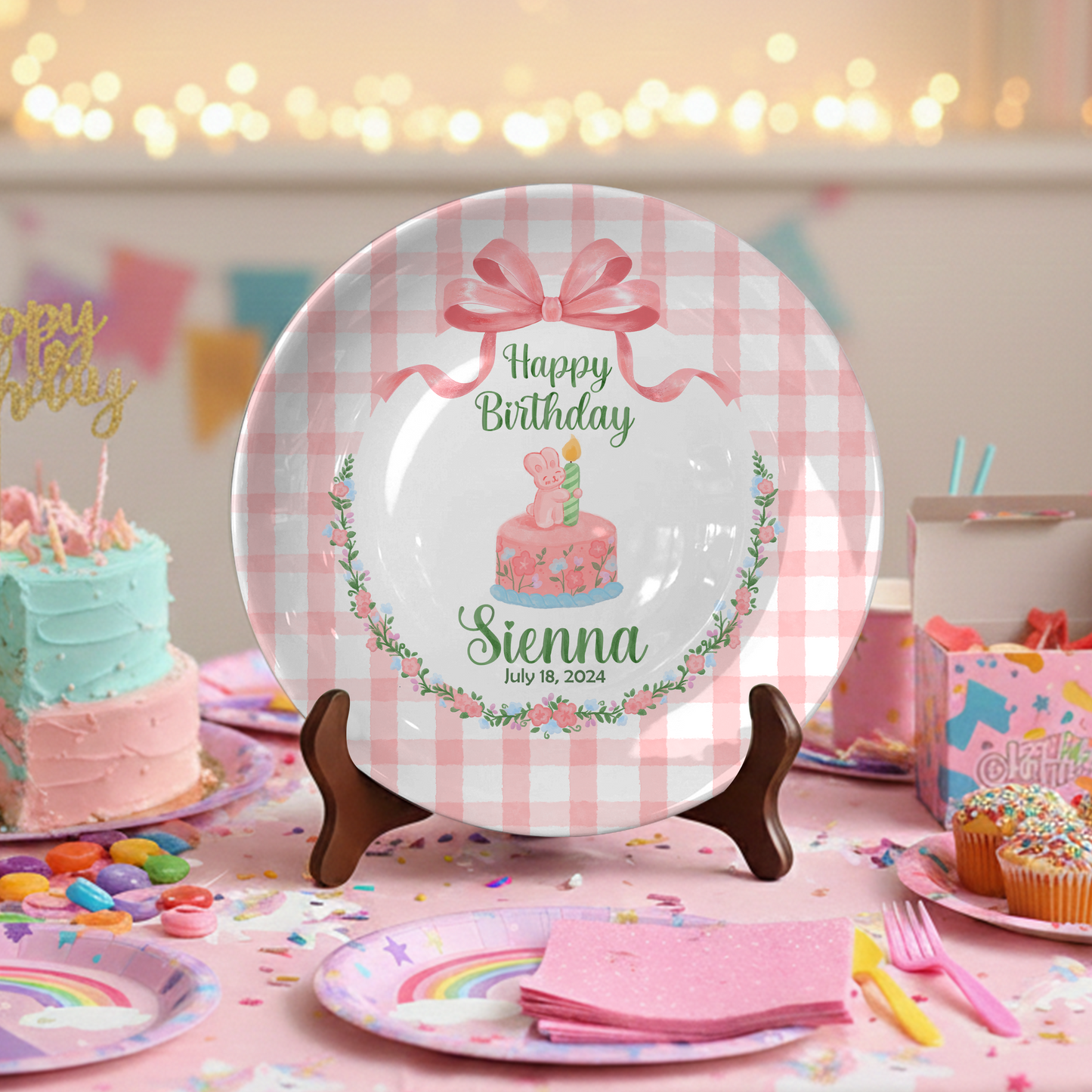Pink Gingham Bunny Cake Personalized Birthday Plate P212CLS0
