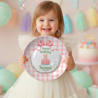 Pink Gingham Bunny Cake Personalized Birthday Plate P212CLS0
