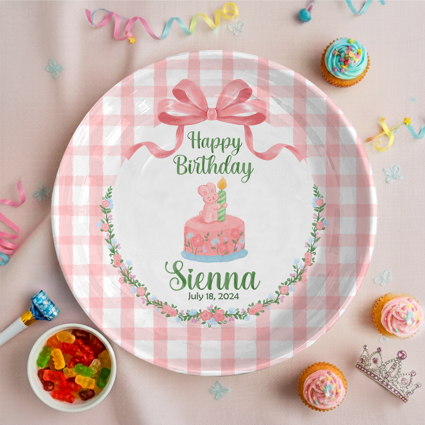 Pink Gingham Bunny Cake Personalized Birthday Plate P212CLS0