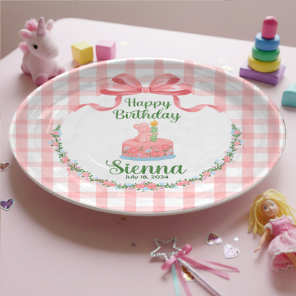 Pink Gingham Bunny Cake Personalized Birthday Plate P212CLS0