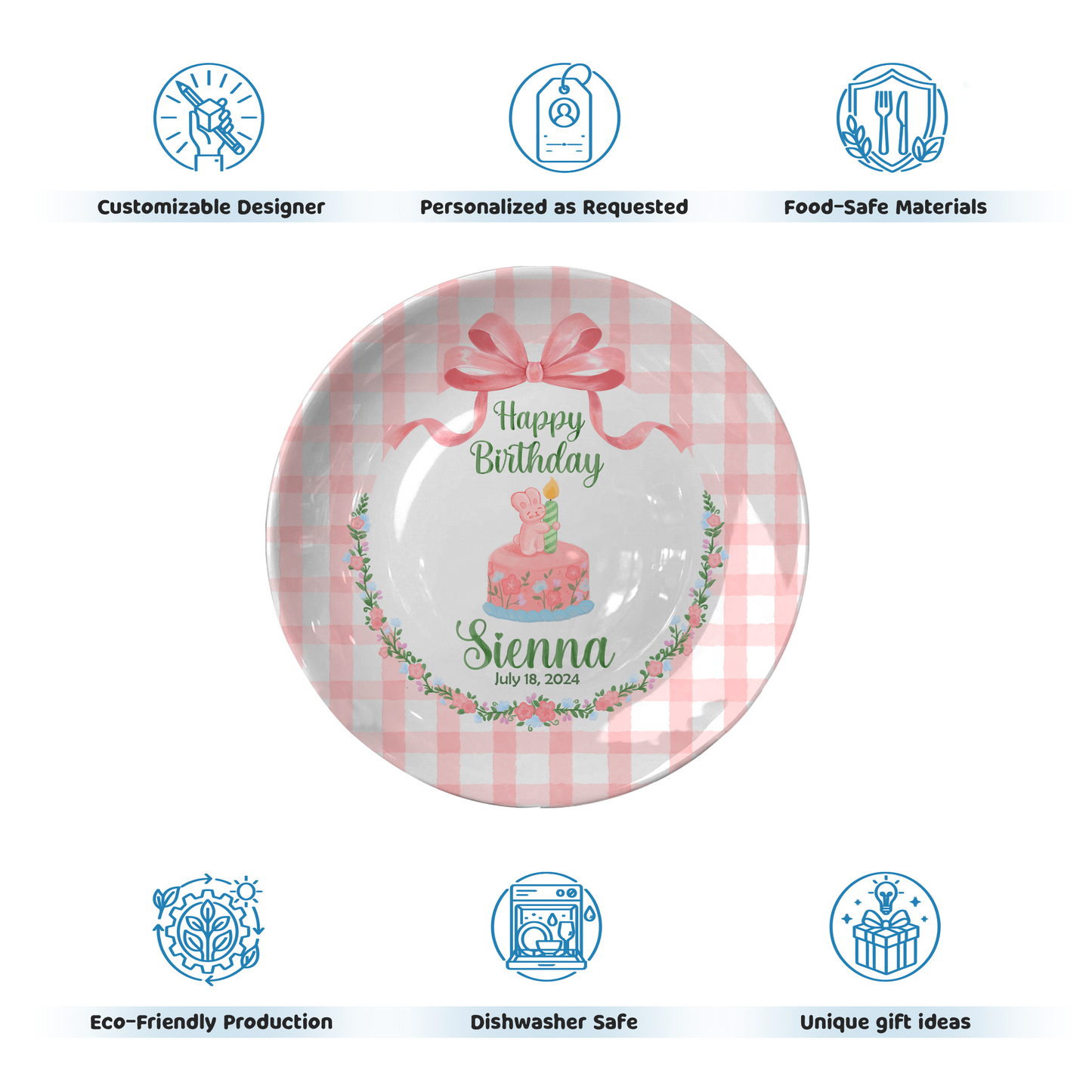 Pink Gingham Bunny Cake Personalized Birthday Plate P212CLS0